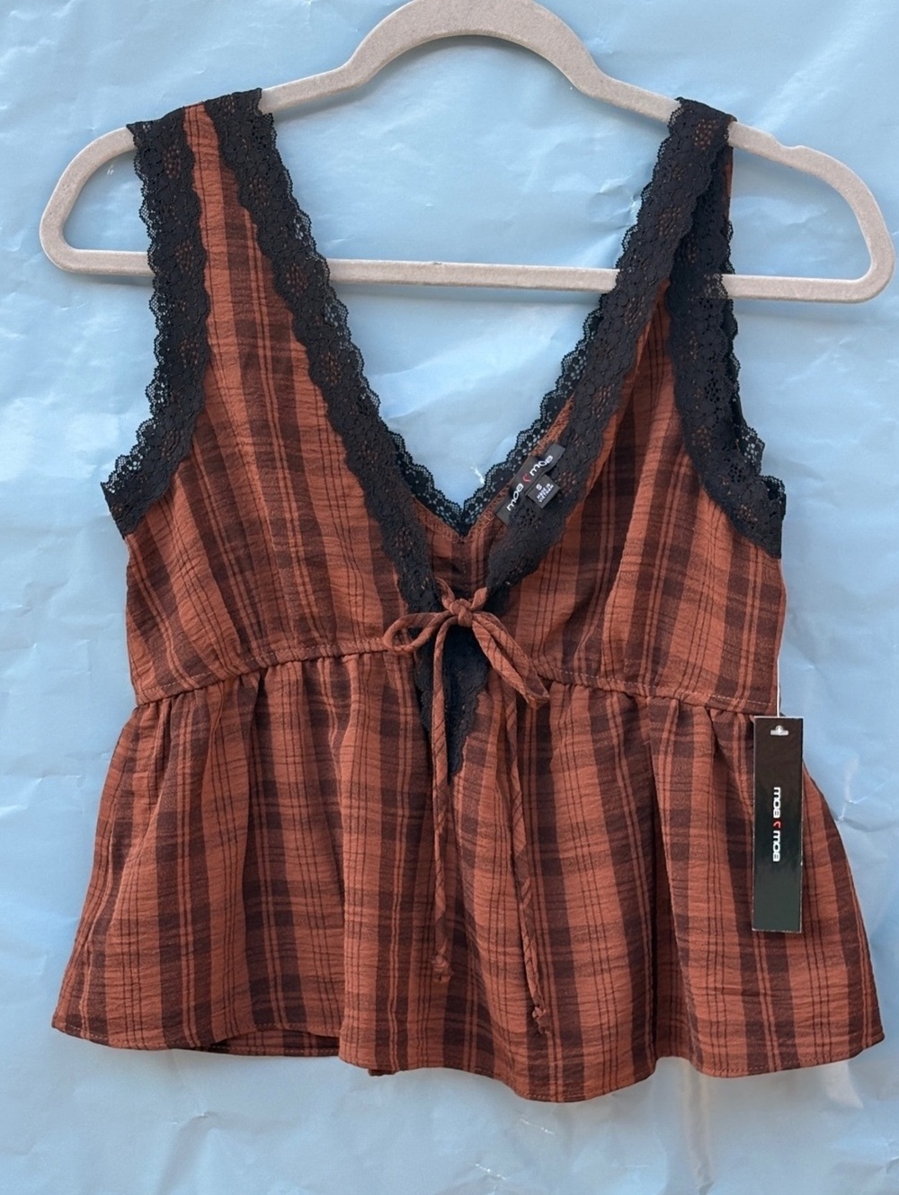 moa moa Women's Sleeveles Brown Plaid Top with Black Lace Trim, SZ S Brand New